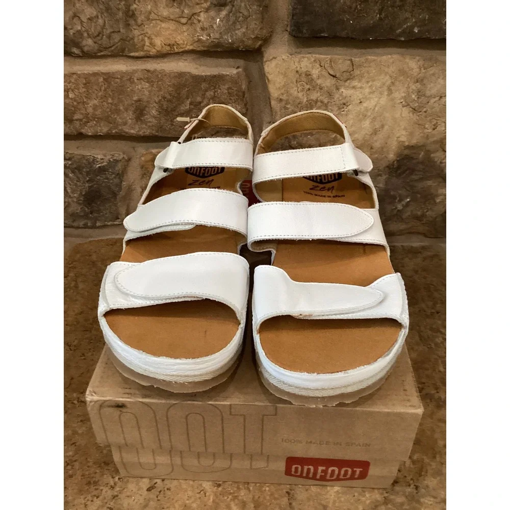 On Foot Zen 201 Blanco White Leather Platform Sandals Spain Womens 39 NEW